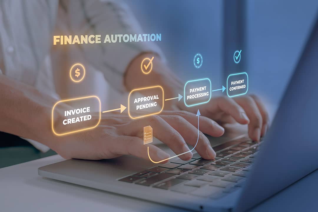 A person types on a laptop keyboard illustrated with finance automation software graphics.